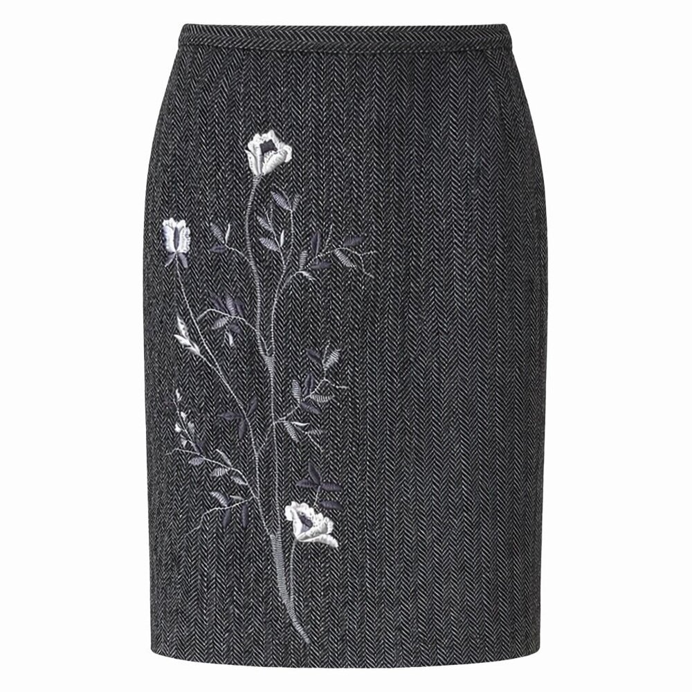 D&G Wool Herringbone Pencil Skirt with Embroidery | Made in Italy